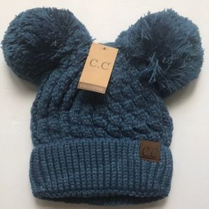 Blue Knit Pom-Pom Beanie